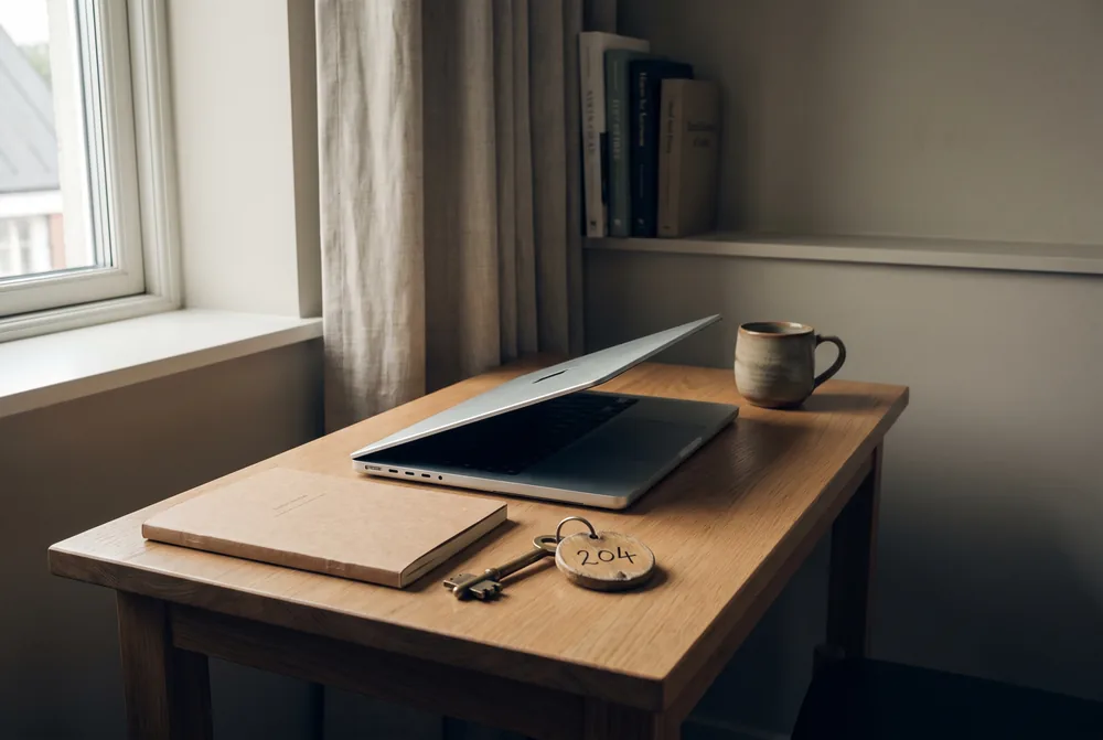 A laptop on a desk in a small hotel office