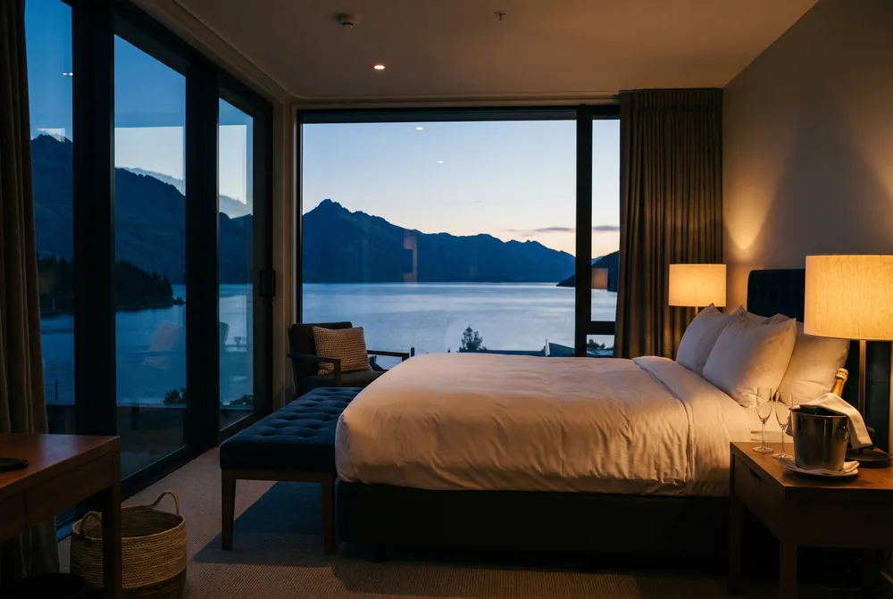A luxury hotel suite at dusk overlooking a lake