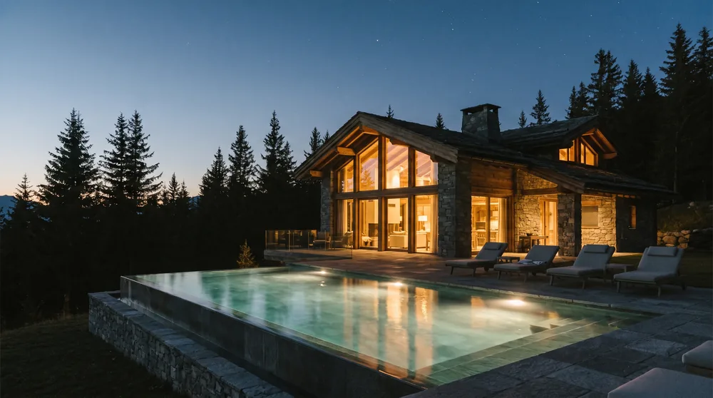A luxury villa with a pool at night