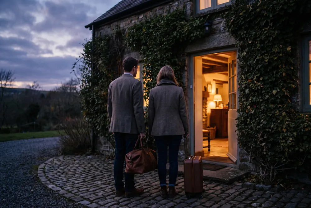 Guests arriving at a stone guesthouse at dusk