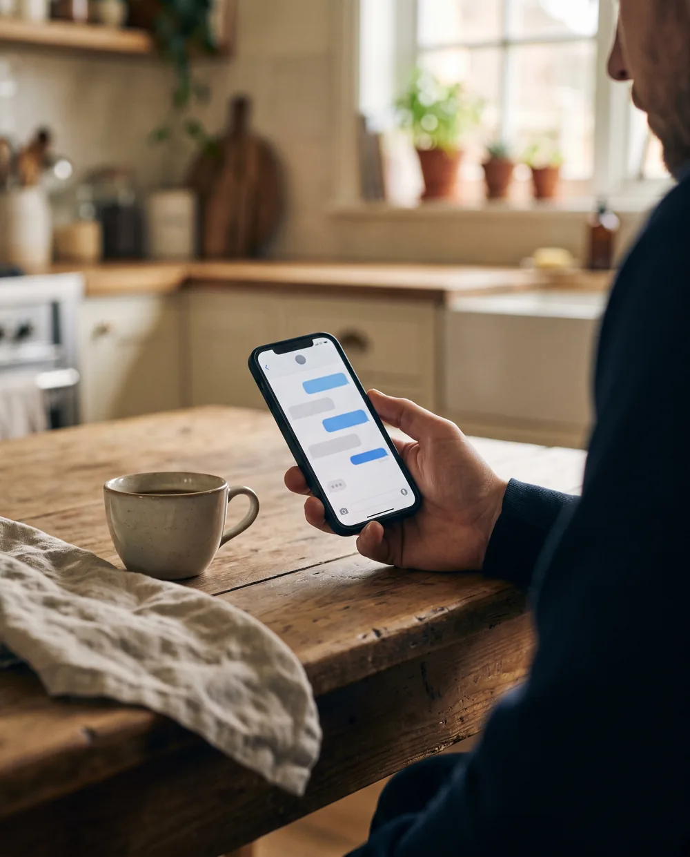 A host reading guest messages on a phone in the morning