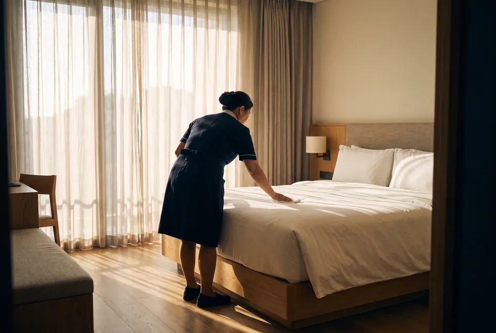 A housekeeper making a bed in a bright guest room