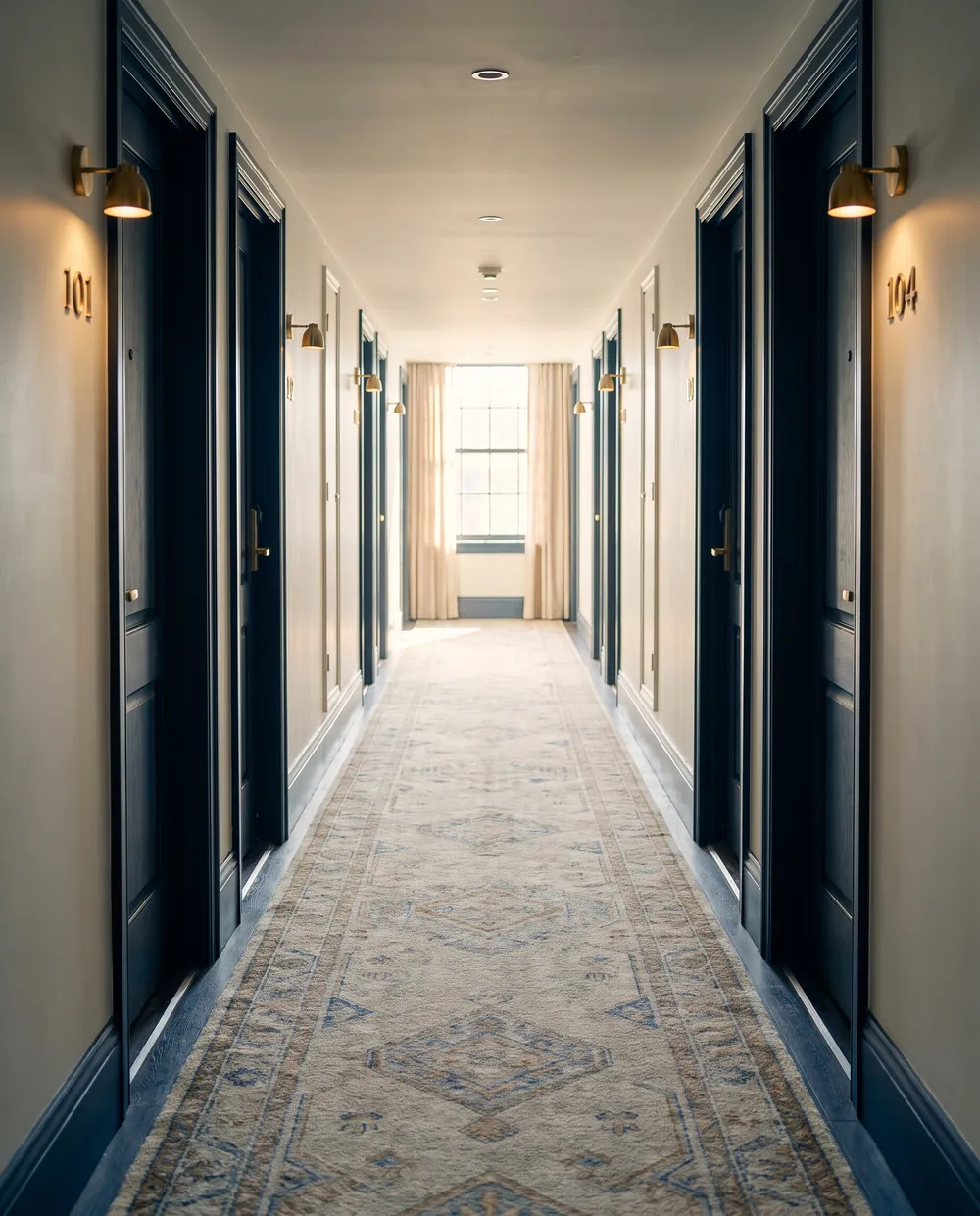 A long hotel corridor with numbered room doors in daylight