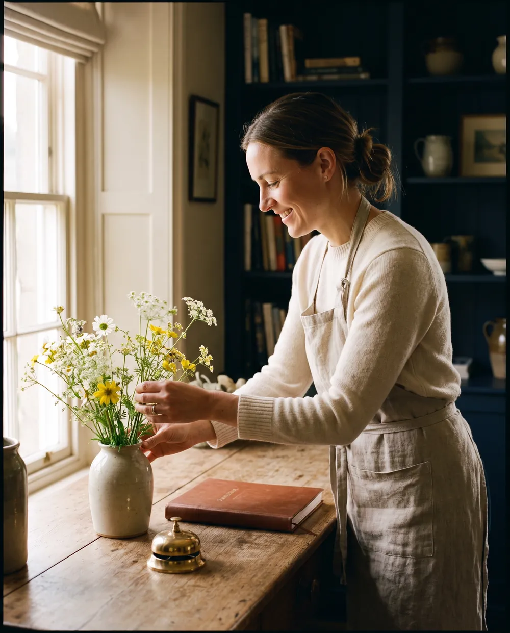 A guesthouse host arranging flowers at the reception