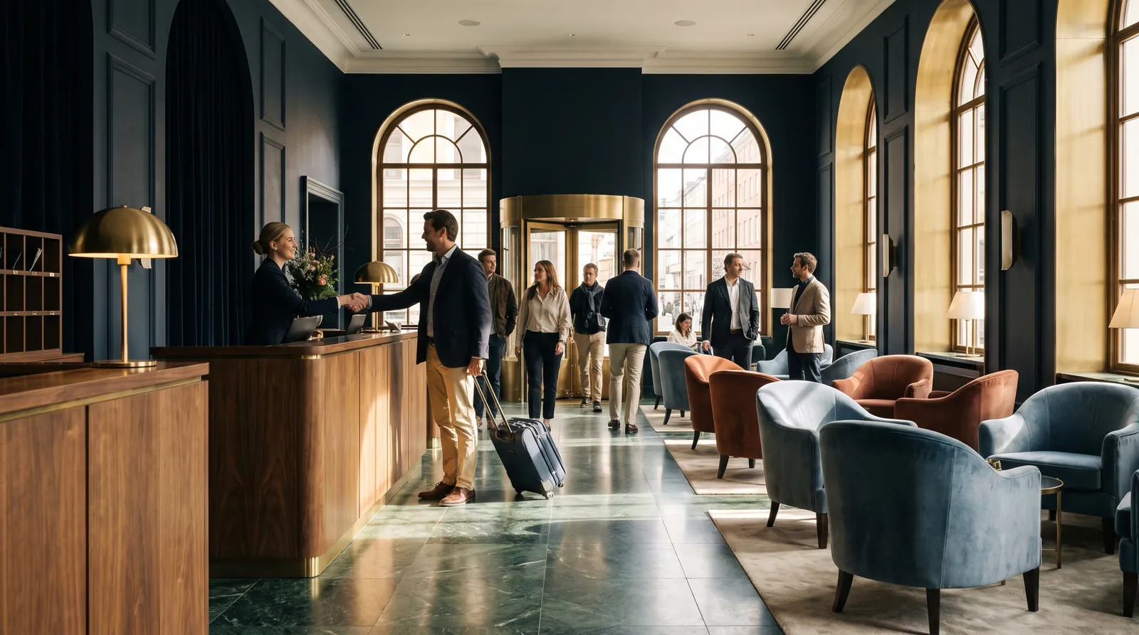 A bright luxury hotel lobby in the late morning, a guest being welcomed