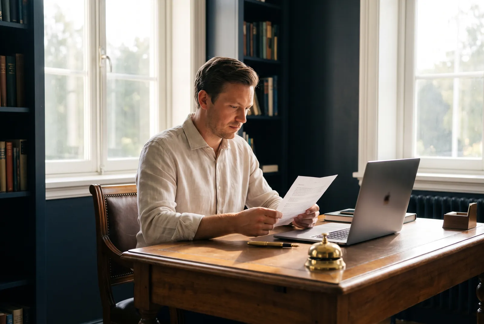 A hotel manager reading a letter in a sunlit back office