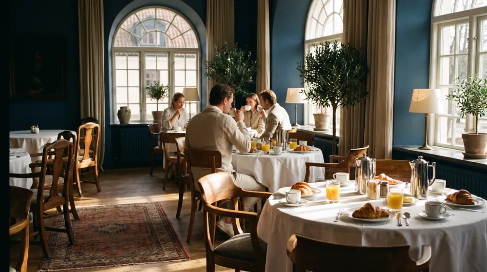 A sunlit hotel breakfast room in the morning