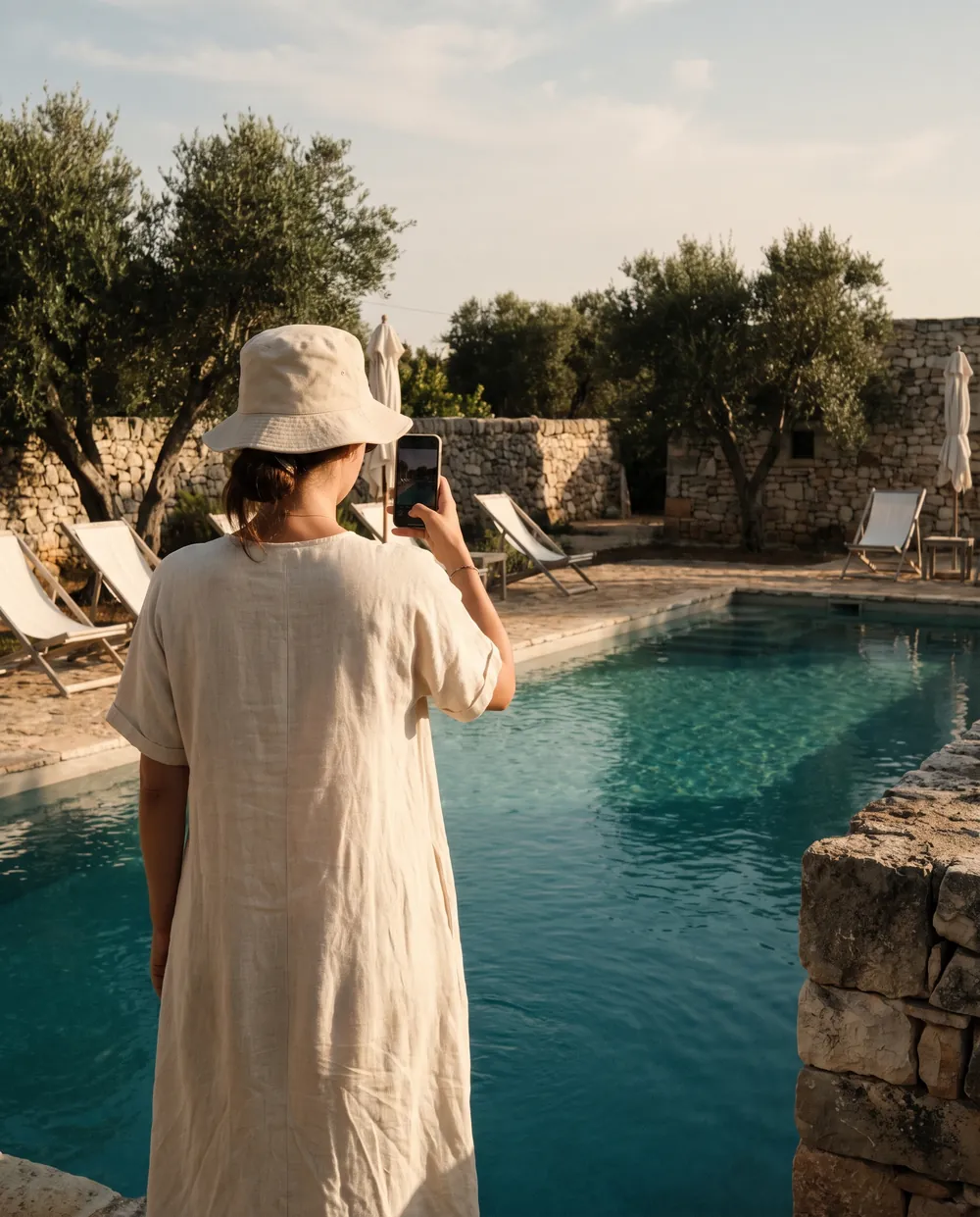 A guest photographing a hotel pool on a sunny afternoon