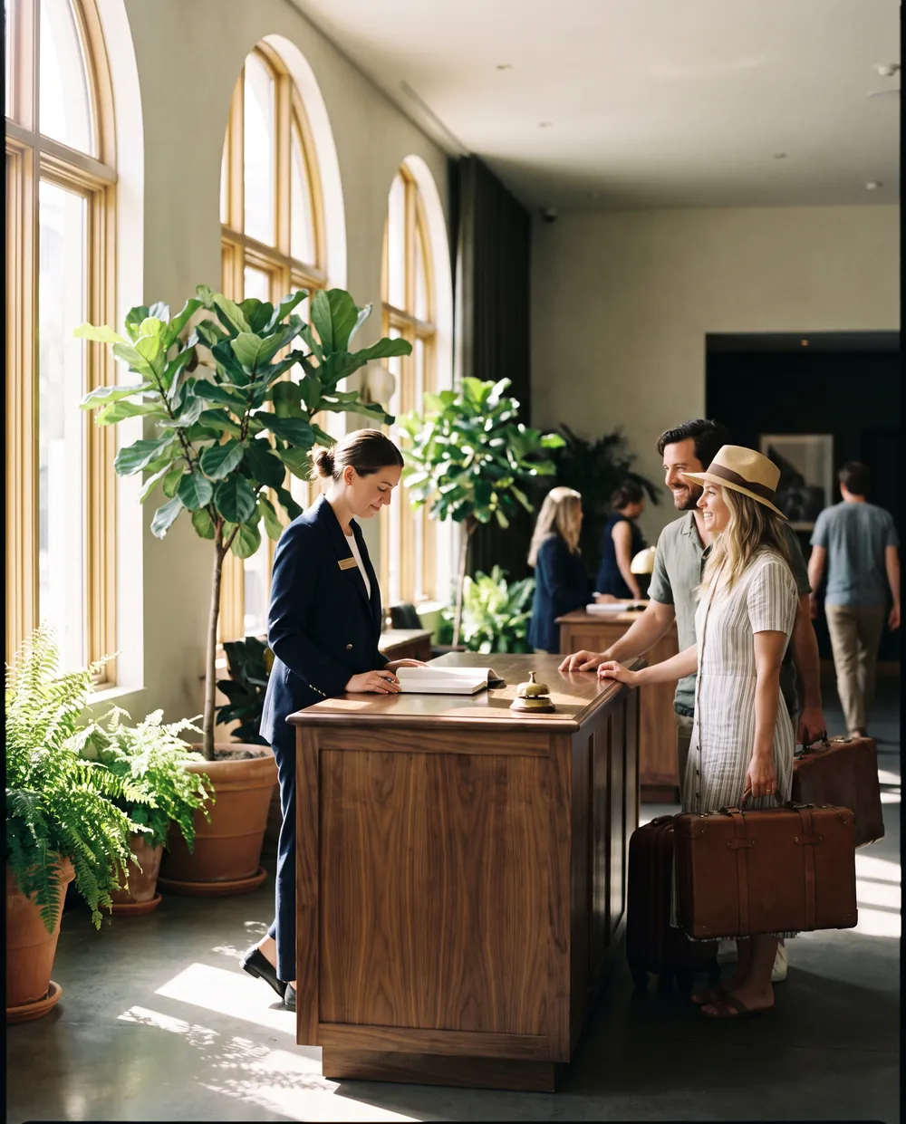 A busy hotel reception at midday, guests checking in