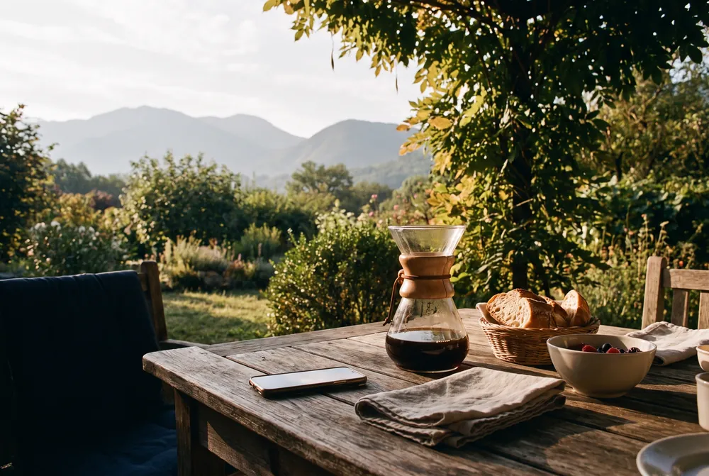 A sunny breakfast terrace at a guesthouse in the morning