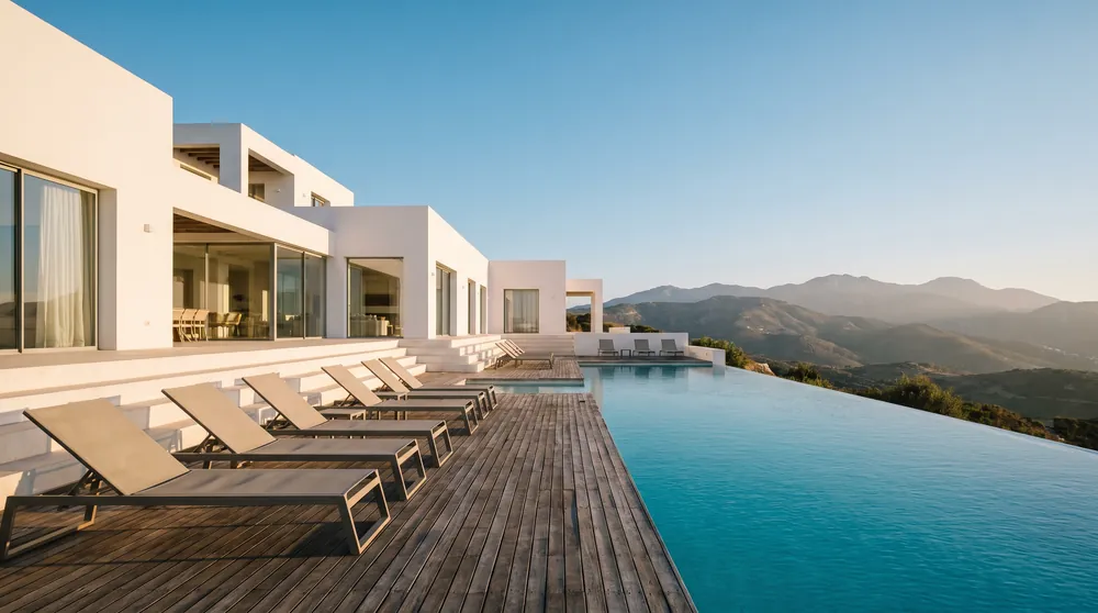 A luxury villa with an infinity pool on a sunny day